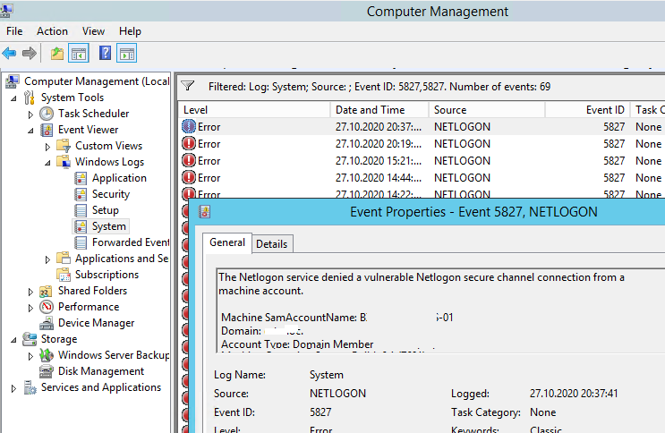 EventID 5827 The Netlogon service denied a vulnerable Netlogon secure channel connection from a machine account