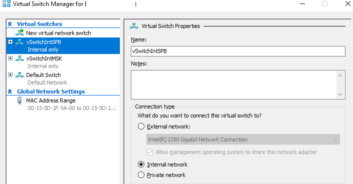 создать отдельные hyper-v virtual switches для разных подсетей