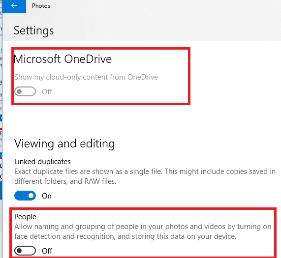 photos - отключить OneDrive и People