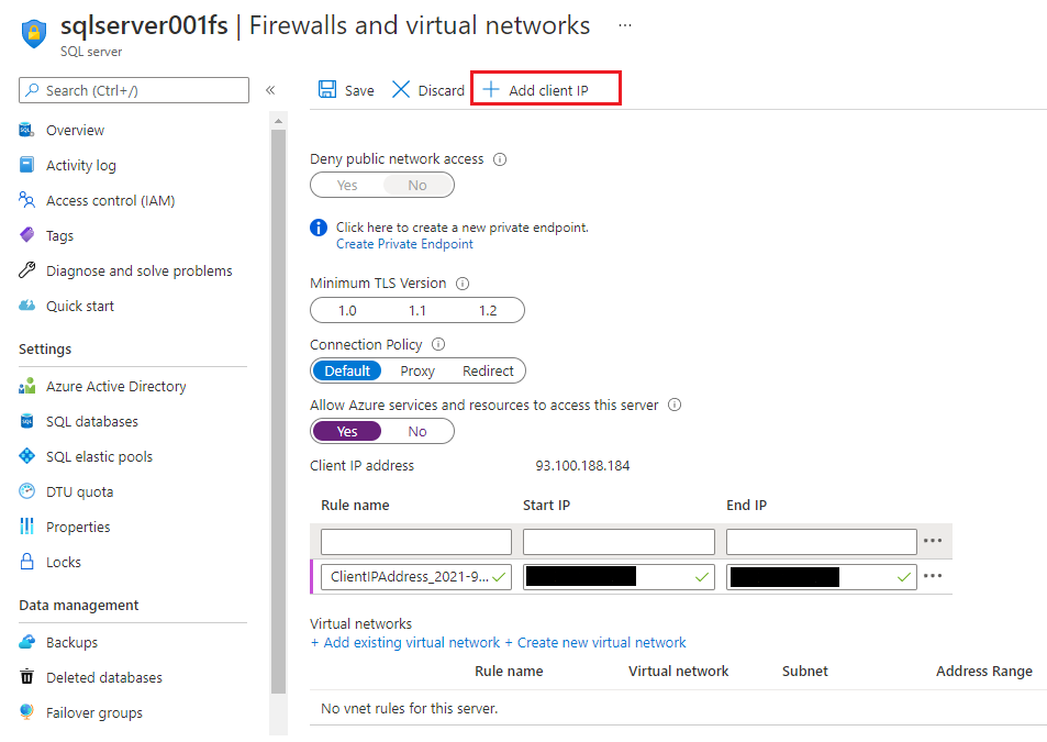 задать IP адрес для SQL базы данных в Azure