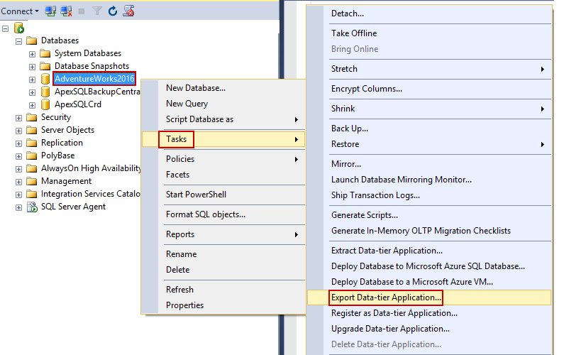 Export Data-tier Application в SQL Server Management