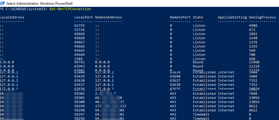 Get-NetTCPConnection - powershell командлет для получения списка сетевых подключений