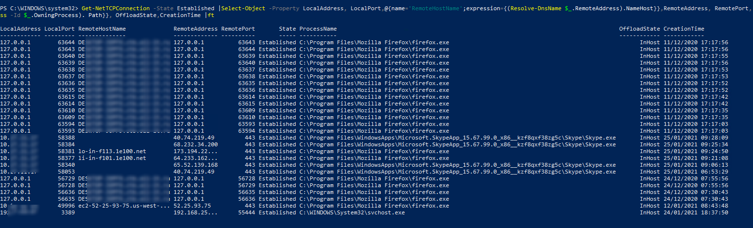 список активных сетевых подключений и процессов в Windows 10 с помощью powershell