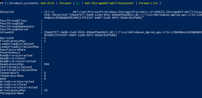 Get-StorageReliabilityCounter информация о состоянии дисков в powershell