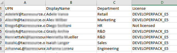 CSV отчет по назначенным пользователям лицензиями в Azure