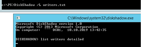 DiskShadow list writers 