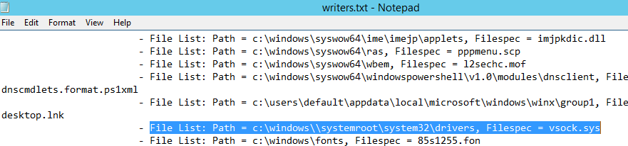 File List: Path = c:windowssystemrootsystem32drivers, Filespec = vsock.sys