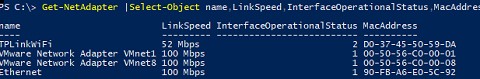 powershell получить mac адрес сетевых адаптеров и скорость подключения