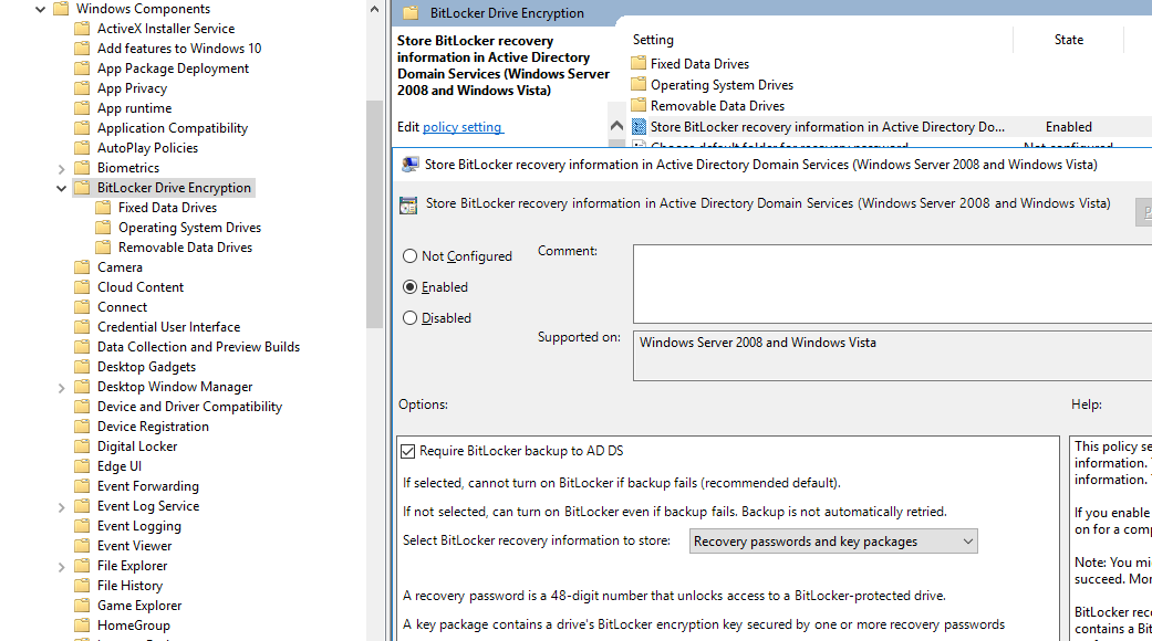 GPO, разрешающая сохранять ключи восстановления bitlocker в Active Directory Domain Services
