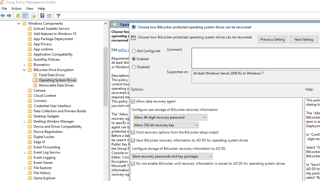 политика для автоматического сохранения ключа шифрования bitlocker в ad