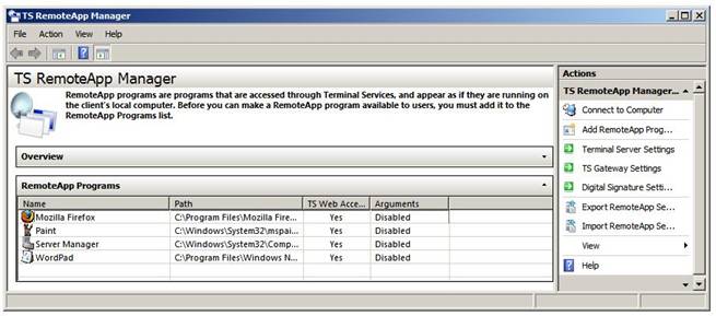 Список програм RemoteApp Programs