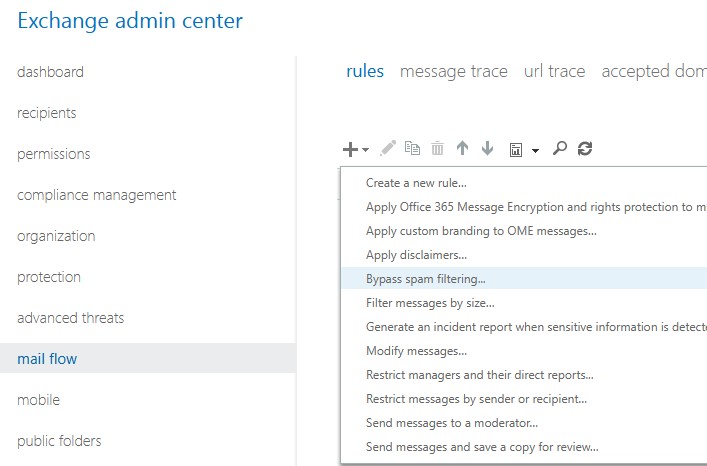 microsoft 365 exchange online добавить транспортное правило bypass spam filter