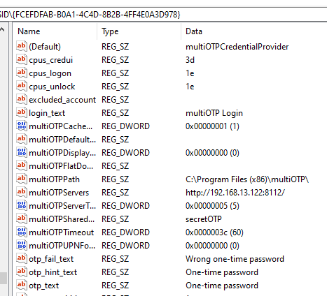 настройки multiotp CredentialProvider в реестре