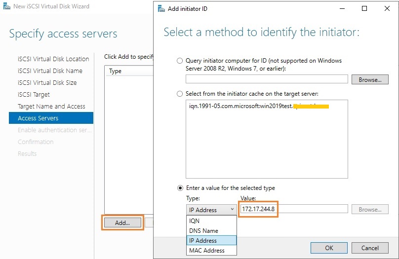 НАстройка access серверов для iscsi target