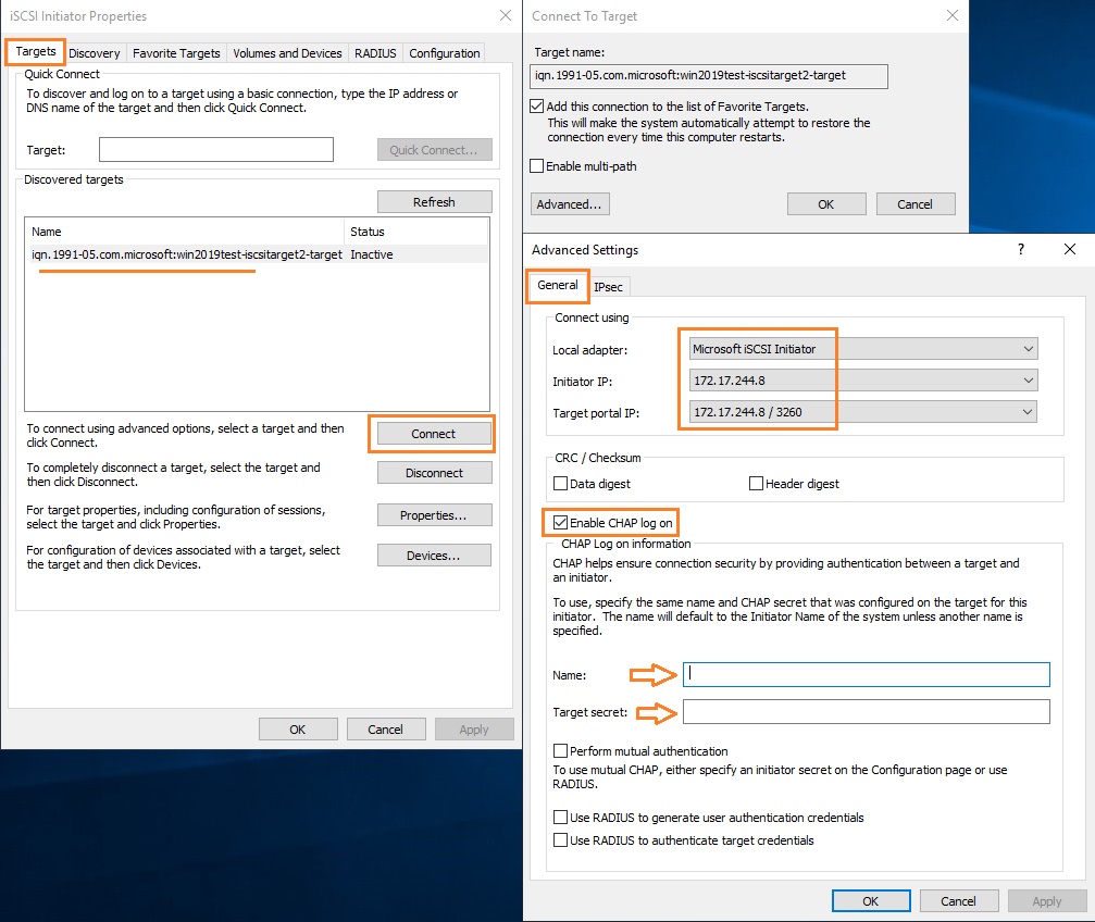 iscsi настройка аутентификации chap