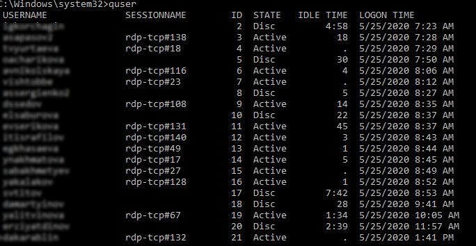 quser - длительность rdp сеансов, простоя rdp сессий