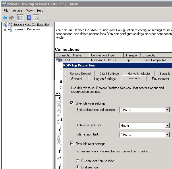 лимиты rdp в консоли tsconfig.msc 