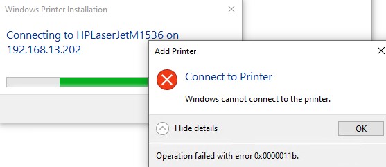ошибка 0x0000011b при подключении сетевого принтера