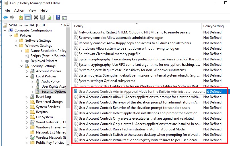 параметры групповых политик для настройки User Account Control