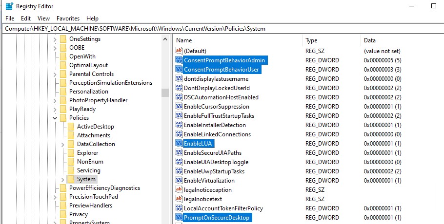 настройка параметров User Account Control в реестре