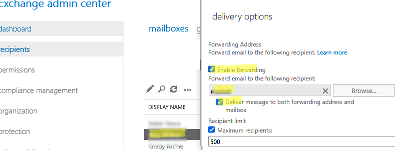 включить переадрессацию в Exchange Admin Center