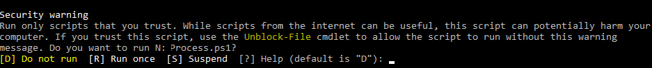 Run only scripts that you trust. While scripts from the internet can be useful, this script can potentially harm your computer. If you trust this script, use the Unblock-File cmdlet to allow the script to run without this warning message 