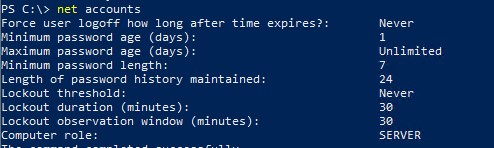 Команда net account вывести настройки политики паролей на компьютере