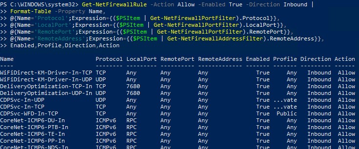 таблица входящик правил firewall в windows