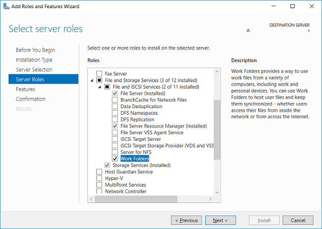 установка роли Work Folders в windows server 2016