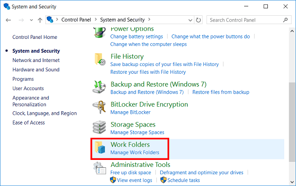 Work Folders в панели упраления