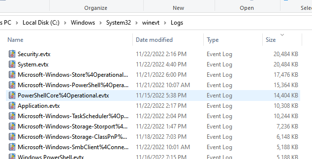 evtx файлы журналов событий в каталоге WinevtLogs 