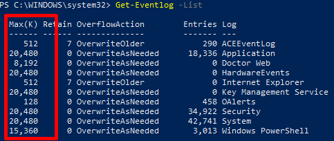 powershell вывести все журналы Event Viewer и максимальный размер файла