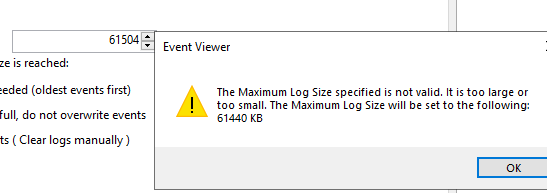 Не могу изменить Maximum Log Size 