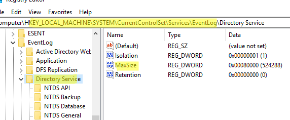 Максимальный размер файла журнала событий задается в реестре Windows