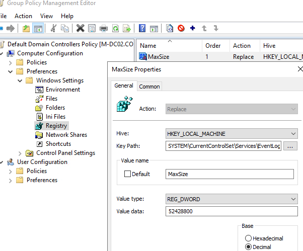 Задать параметр MaxSize журнала событий с помощью групповой политики