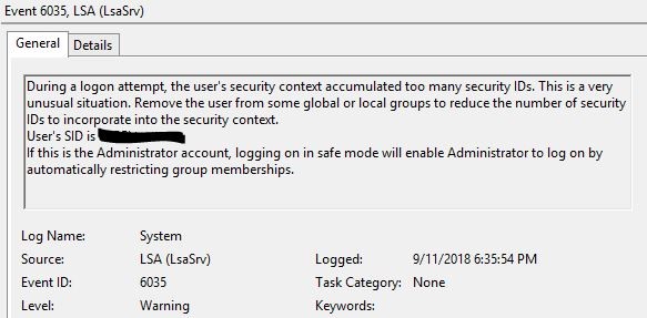 Событие с eventid 6035 LSA (LsaSrv) пользователь состоит в слишком большом количестве групп безопасности