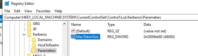 задать размер MaxTokenSize в реестра для нового размера буфера kerberos