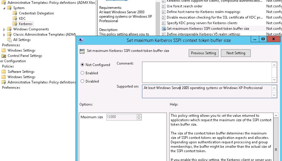 Set maximum Kerberos SSPI context token buffer size