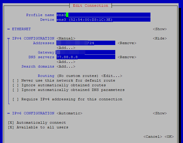 настройка ip адреса, шлюза и dns для сетевого интерфейса в centos