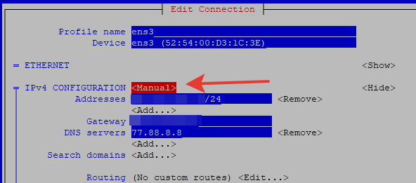 nmtui - способ получения ipv4 адреса manual/automatic