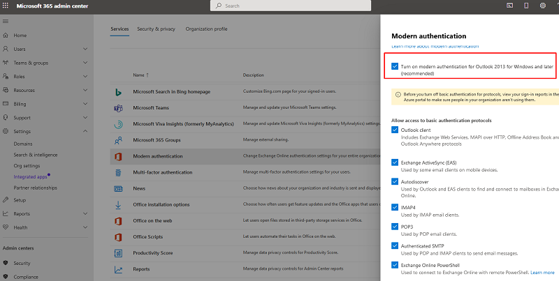 Microsoft 365 включить Turn on modern authentication for Outlook 2013 for Windows and later