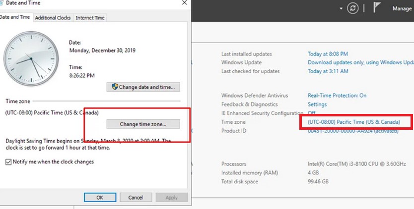 windows server manager изменить часовой пояс
