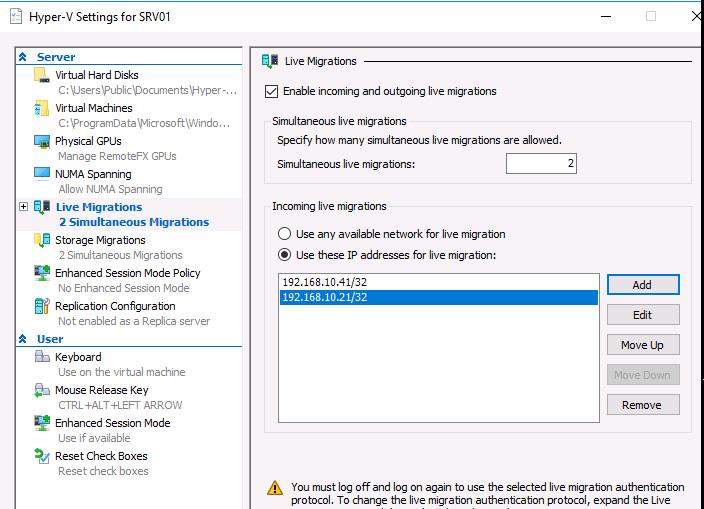 Hyper-V настройки Live-Migration