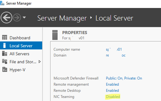 NIC Teaming отключен в Windows Server 2019