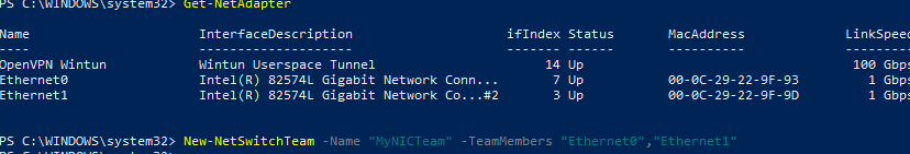 Создать группу NIC Teaming в Windows 10 из PowerShell New-NetSwitchTeam 