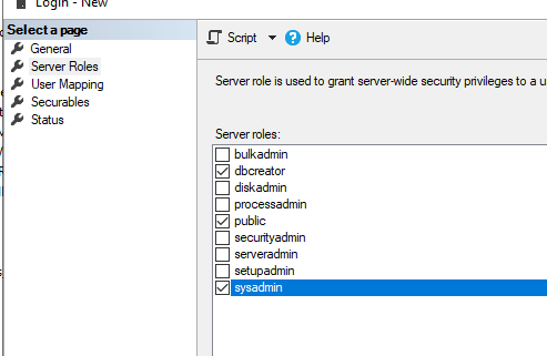 права dbcreator и sysadmin