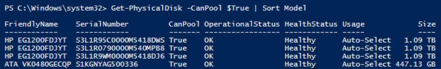 Get-PhysicalDisk –CanPool $True | Sort Model