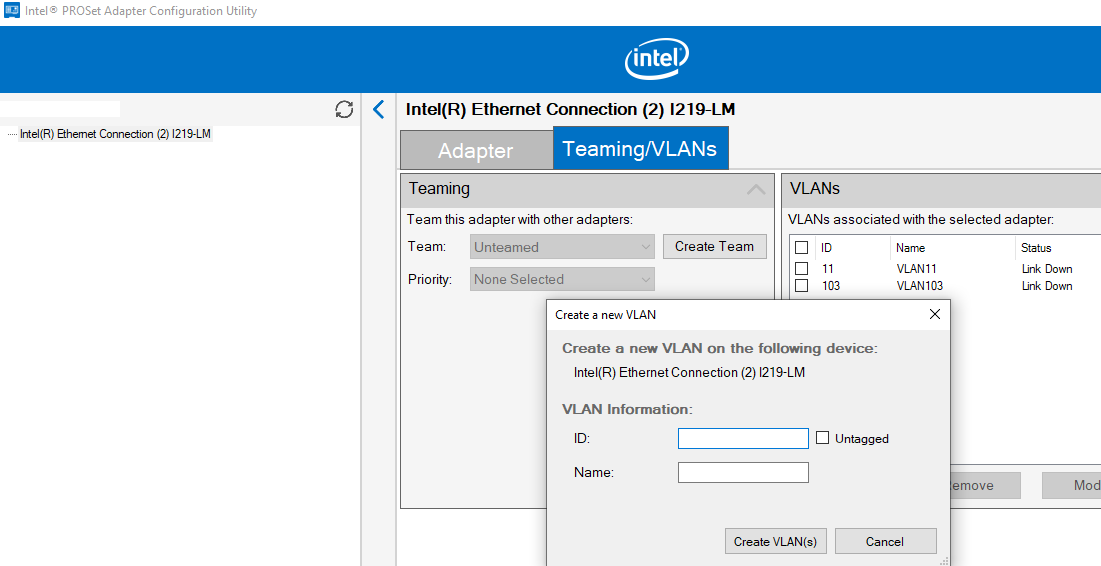 Intel PROSet Adapter Configuration Utility