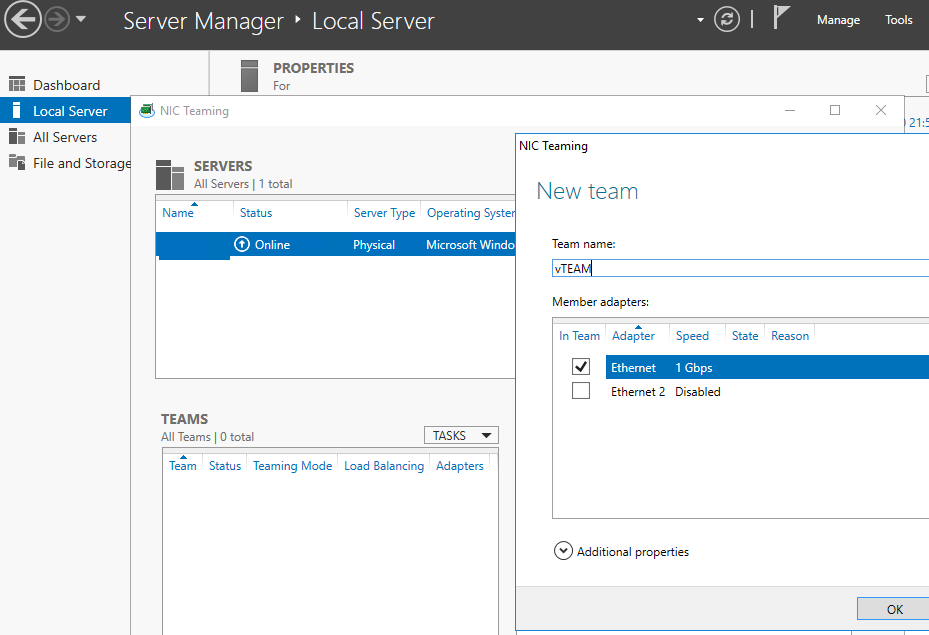создать nic teaming интерфейс в windows server 2016