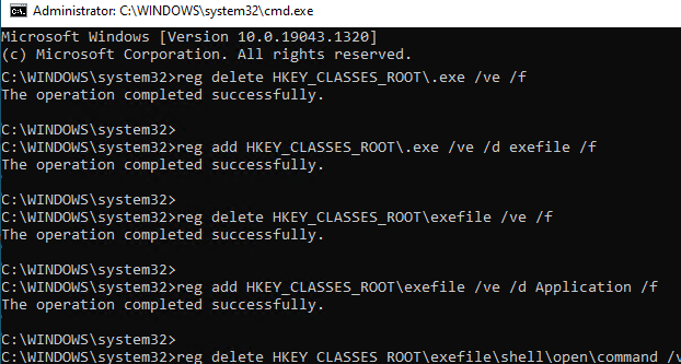 команды для сброса файловых ассоциаций для exe файлов в Windows 10